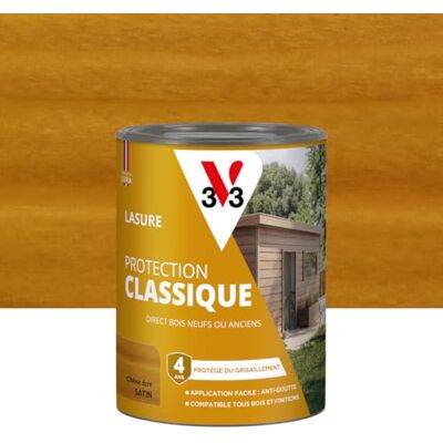 V33 Lasure Bois extérieur Chêne doré Protection Classique 4 ans Protège du grisaillement Direct bois neufs ou anciens Texture anti-goutte 0,75L - Publicité V33 Lasure Bois extérieur Chêne doré Protection Classique 4 ans Protège du grisaillement Direct bois neufs ou anciens Texture anti-goutte 0,75L - Publicité