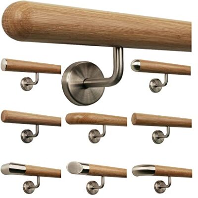 TIBU Main courante rampe en bois de chêne 0,3 m 6 m, longueur 110 cm, extrémité demi-sphère fraisée et 2 supports coudés - Publicité TIBU Main courante rampe en bois de chêne 0,3 m 6 m, longueur 110 cm, extrémité demi-sphère fraisée et 2 supports coudés - Publicité