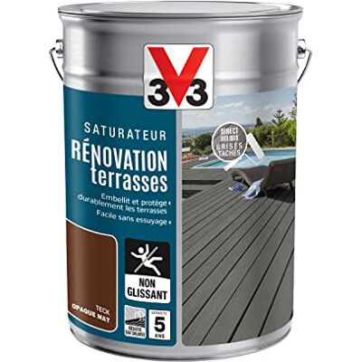 V33 Saturateur Rénovation Terrasses Et Bardages, Teck 5L - Publicité V33 Saturateur Rénovation Terrasses Et Bardages, Teck 5L - Publicité