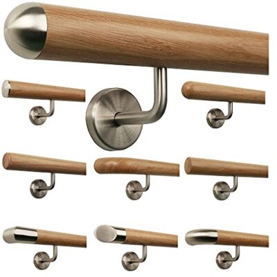 TIBU Main courante de rampe en bois de chêne 0,3m 6m, longueur 90 cm, extrémité avec embout demi-rond en acier inoxydable et 2 supports coudés - Publicité TIBU Main courante de rampe en bois de chêne 0,3m 6m, longueur 90 cm, extrémité avec embout demi-rond en acier inoxydable et 2 supports coudés - Publicité