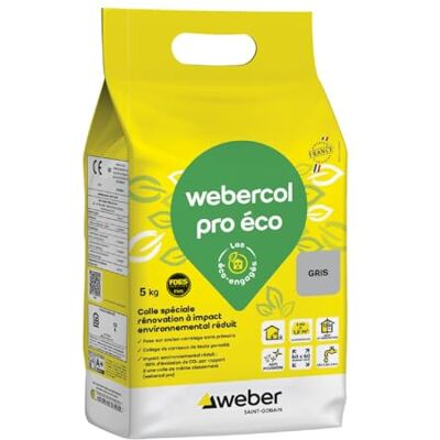 Weber Colle carrelage, gris spéciale renovation, 5kg, prête à l'emploi, COL PRO ECO, Impact environnemental réduit - Publicité Weber Colle carrelage, gris spéciale renovation, 5kg, prête à l'emploi, COL PRO ECO, Impact environnemental réduit - Publicité