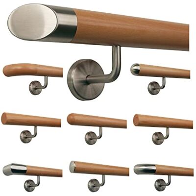 TIBU Main courante de rampe d'escalier en hêtre avec poignée en bois, support en acier inoxydable courbé, longueur 30 500 cm d'une seule pièce / Variante : 170 cm avec 3 supports, embout oblique - Publicité TIBU Main courante de rampe d'escalier en hêtre avec poignée en bois, support en acier inoxydable courbé, longueur 30 500 cm d'une seule pièce / Variante : 170 cm avec 3 supports, embout oblique - Publicité