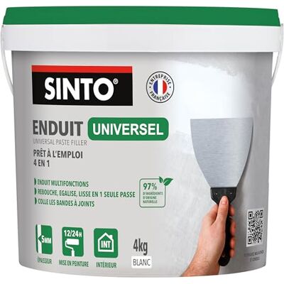 SINTO Enduit universel pâte, 4kg Rebouche, égalise et lisse en un seul geste jusqu'à 5mm, qualité professionnelle depuis 75 ans, tous supports - Publicité SINTO Enduit universel pâte, 4kg Rebouche, égalise et lisse en un seul geste jusqu'à 5mm, qualité professionnelle depuis 75 ans, tous supports - Publicité