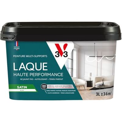 V33 Laque Haute Performance Peinture Multi-Supports Blanc Satin 3L Intérieure & Extérieure Haute Résistance aux Chocs & Taches Haute Adhérence Blanc Eclatant Autolissant - Publicité V33 Laque Haute Performance Peinture Multi-Supports Blanc Satin 3L Intérieure & Extérieure Haute Résistance aux Chocs & Taches Haute Adhérence Blanc Eclatant Autolissant - Publicité