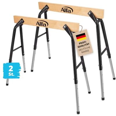 Alfa 1001 Tréteaux de Travail, lot de 2, qualité professionnelle, réglables en hauteur en acier robuste et bois charge maximale: 300kg / paire - Publicité Alfa 1001 Tréteaux de Travail, lot de 2, qualité professionnelle, réglables en hauteur en acier robuste et bois charge maximale: 300kg / paire - Publicité