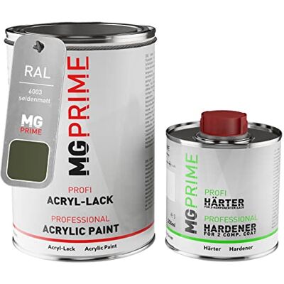 PRiME RAL 6003 Vert olive mat satiné, pot de peinture acrylique 2K 1,5 L Olive green, Kit 2K peinture + durcisseur, à séchage rapide - Publicité PRiME RAL 6003 Vert olive mat satiné, pot de peinture acrylique 2K 1,5 L Olive green, Kit 2K peinture + durcisseur, à séchage rapide - Publicité