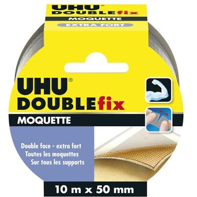 UHU Doublefix Ruban Adhésif Double Face Moquette/Tapis Fixation Extra-Forte et Durable- Multi-Supports : Métal, Carrelage, Plastique, Verre, Bois, Plâtre, Pierre -Blanc Rouleau de 10 m x 50 mm - Publicité UHU Doublefix Ruban Adhésif Double Face Moquette/Tapis Fixation Extra-Forte et Durable- Multi-Supports : Métal, Carrelage, Plastique, Verre, Bois, Plâtre, Pierre -Blanc Rouleau de 10 m x 50 mm - Publicité