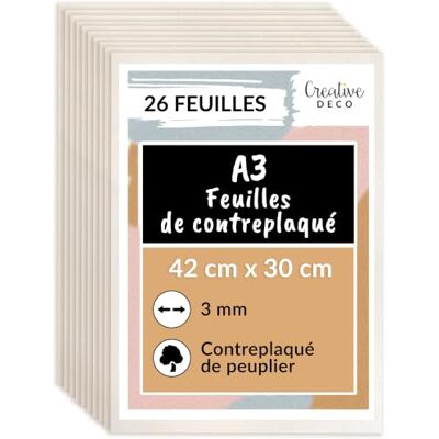 Creative Lot de 26 Plaques Contreplaqué A3 3 mm 420 x 300 (+/- 2)mm Contreplaqué de peuplier asiatique Fines planches de bois Pour chantournage, pyrogravure, découpe laser, gravure, CNC - Publicité Creative Lot de 26 Plaques Contreplaqué A3 3 mm 420 x 300 (+/- 2)mm Contreplaqué de peuplier asiatique Fines planches de bois Pour chantournage, pyrogravure, découpe laser, gravure, CNC - Publicité