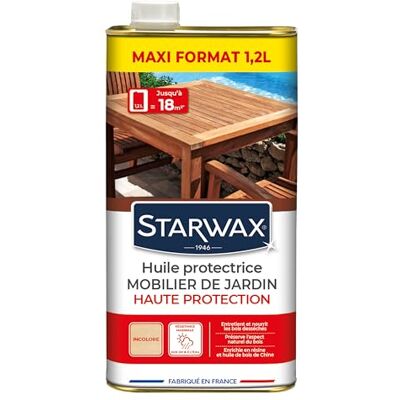 STARWAX Huile haute protection pour mobilier de jardin en bois 1,2L, nourrit et protège les bois exotiques et européens teck ipé acacia bambou, barrière anti-UV, rendement 15m²/L - Publicité STARWAX Huile haute protection pour mobilier de jardin en bois 1,2L, nourrit et protège les bois exotiques et européens teck ipé acacia bambou, barrière anti-UV, rendement 15m²/L - Publicité