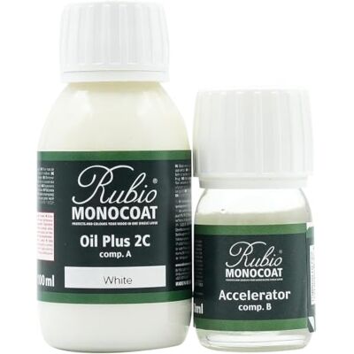 Rubio Monocoat Huile pour bois 5 m² Blanc Oil Plus 2C Huile de lin pour bois écologique à séchage rapide pour l'intérieur, avec accélérateur (partie B) Protecteur 130 ML - Publicité Rubio Monocoat Huile pour bois 5 m² Blanc Oil Plus 2C Huile de lin pour bois écologique à séchage rapide pour l'intérieur, avec accélérateur (partie B) Protecteur 130 ML - Publicité