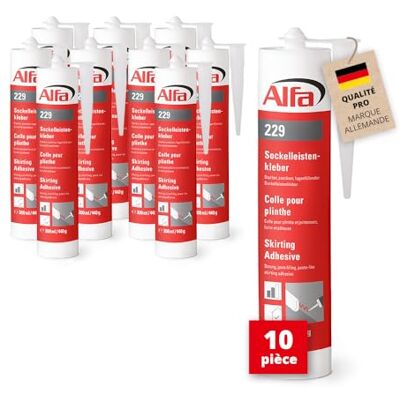 Alfa 229 Colle pour plinthes avec pouvoir fixant de 130 kg/m², lot de 10 tubes, remplit les joints, colle pâteuse et particulièrement fixante - Publicité Alfa 229 Colle pour plinthes avec pouvoir fixant de 130 kg/m², lot de 10 tubes, remplit les joints, colle pâteuse et particulièrement fixante - Publicité