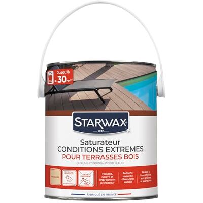 STARWAX Saturateur Haute Protection Terrasses Bois Nourrit, Embellit et Protège Anti Taches et Graisse Enrichi en Huile de Tung Résiste aux UV et à l'Eau Incolore-Fabriqué en France 2,5L - Publicité STARWAX Saturateur Haute Protection Terrasses Bois Nourrit, Embellit et Protège Anti Taches et Graisse Enrichi en Huile de Tung Résiste aux UV et à l'Eau Incolore-Fabriqué en France 2,5L - Publicité