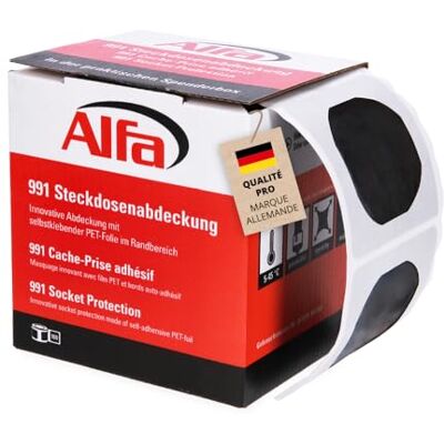 Alfa 991 Cache-Prise adhésif, 100 pièces, rouleau masquage innovant avec film PET et bords auto-adhésifs - Publicité Alfa 991 Cache-Prise adhésif, 100 pièces, rouleau masquage innovant avec film PET et bords auto-adhésifs - Publicité