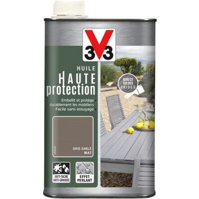V33 Huile mobilier haute protection opaque, Gris sablé 1L - Publicité V33 Huile mobilier haute protection opaque, Gris sablé 1L - Publicité