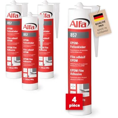 Alfa 857 «EPDM» Colle hybride pour films, 4 pièces, 310 ml, élastique et imperméable - Publicité Alfa 857 «EPDM» Colle hybride pour films, 4 pièces, 310 ml, élastique et imperméable - Publicité