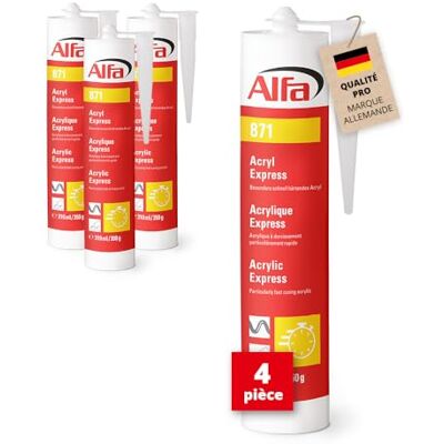 Alfa 871 Mastic Acrylique «Express» blanc, lot de 4, 310 ml, à durcissement particulièrement rapide peut être peint au bout de 10 minutes - Publicité Alfa 871 Mastic Acrylique «Express» blanc, lot de 4, 310 ml, à durcissement particulièrement rapide peut être peint au bout de 10 minutes - Publicité