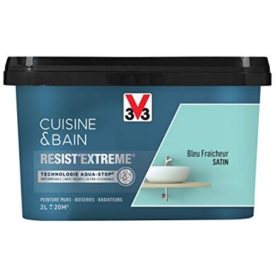 V33 Peinture multi-supports monocouche Cuisine & Bain Resist'Extrême® Satin, Bleu fraîcheur, 2L - Publicité V33 Peinture multi-supports monocouche Cuisine & Bain Resist'Extrême® Satin, Bleu fraîcheur, 2L - Publicité