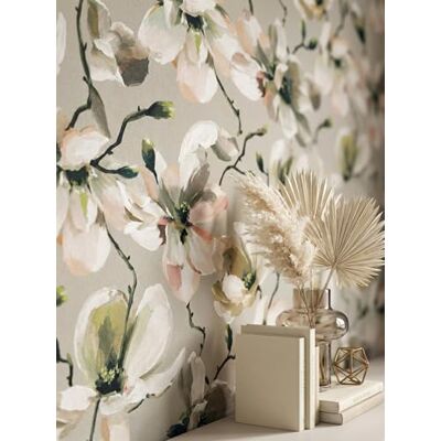 Newroom papier peint intissé fleurs magnolias vert salon campagne Texture fine effet lin, fleurs surdimensionnées, beige gris à tons abricot, papier peint floral, chambre style boho vintage - Publicité Newroom papier peint intissé fleurs magnolias vert salon campagne Texture fine effet lin, fleurs surdimensionnées, beige gris à tons abricot, papier peint floral, chambre style boho vintage - Publicité