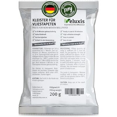 Veluxis ® Colle pour papier peint intissé – prête à l'emploi en 10 minutes, ADHÉRENCE PUISSANTE, 1 sachet pour 30 m², sans taches et repositionnable - Publicité Veluxis ® Colle pour papier peint intissé – prête à l'emploi en 10 minutes, ADHÉRENCE PUISSANTE, 1 sachet pour 30 m², sans taches et repositionnable - Publicité