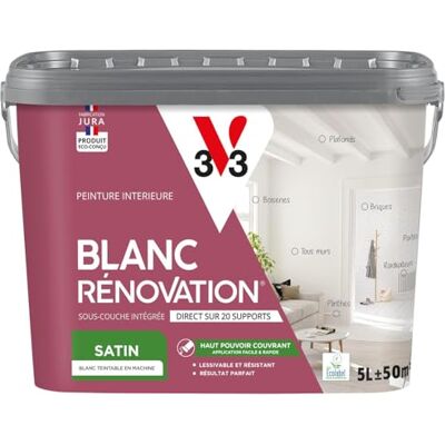 V33 Peinture blanche mur et plafond satinée multi-supports monocouche BLANC RENOVATION®, 5L - Publicité V33 Peinture blanche mur et plafond satinée multi-supports monocouche BLANC RENOVATION®, 5L - Publicité