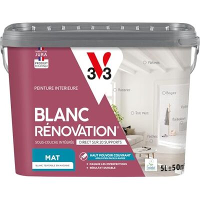 V33 Peinture blanche mur et plafond mat multi-supports monocouche BLANC RENOVATION®, 5L - Publicité V33 Peinture blanche mur et plafond mat multi-supports monocouche BLANC RENOVATION®, 5L - Publicité
