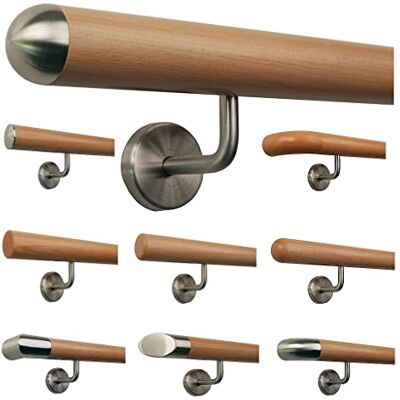 TIBU Main courante en hêtre pour escalier, rambarde Poignée en bois Supports en acier inoxydable, longueur 30 500 cm en une seule pièce / Variante : 30 cm avec 2 supports, capuchon demi-rond - Publicité TIBU Main courante en hêtre pour escalier, rambarde Poignée en bois Supports en acier inoxydable, longueur 30 500 cm en une seule pièce / Variante : 30 cm avec 2 supports, capuchon demi-rond - Publicité