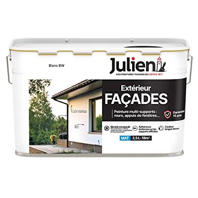 Julien Peinture pour Façades Multi-Supports en phase Aqueuse Murs extérieurs, appuis de fenêtres, soubassement, gouttières Blanc 2,5 L - Publicité Julien Peinture pour Façades Multi-Supports en phase Aqueuse Murs extérieurs, appuis de fenêtres, soubassement, gouttières Blanc 2,5 L - Publicité