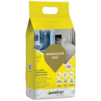 Weber Mortier joint carrelage décoratif hydrofugé, spécial intérieur et extérieur, largeur 2 à 10mm, 5kg, beige pierre, JOINT STAR - Publicité Weber Mortier joint carrelage décoratif hydrofugé, spécial intérieur et extérieur, largeur 2 à 10mm, 5kg, beige pierre, JOINT STAR - Publicité
