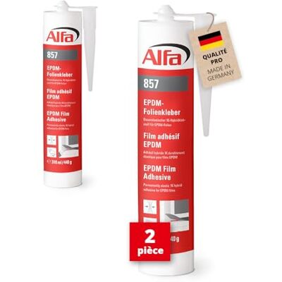 Alfa 857 «EPDM» Colle hybride pour films, 2 pièces, 310 ml, élastique et imperméable - Publicité Alfa 857 «EPDM» Colle hybride pour films, 2 pièces, 310 ml, élastique et imperméable - Publicité