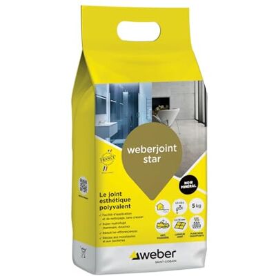 Weber Mortier joint carrelage décoratif hydrofugé, spécial intérieur et extérieur, largeur 2 à 10mm, 5kg, noir minéral, JOINT STAR - Publicité Weber Mortier joint carrelage décoratif hydrofugé, spécial intérieur et extérieur, largeur 2 à 10mm, 5kg, noir minéral, JOINT STAR - Publicité