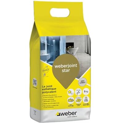 Weber Mortier joint carrelage décoratif hydrofugé, spécial intérieur et extérieur, largeur 2 à 10mm, 5kg, gris ciment, JOINT STAR - Publicité Weber Mortier joint carrelage décoratif hydrofugé, spécial intérieur et extérieur, largeur 2 à 10mm, 5kg, gris ciment, JOINT STAR - Publicité