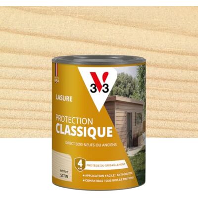 V33 Lasure Bois extérieur Incolore Protection Classique 4 ans Protège du grisaillement Direct bois neufs ou anciens Texture anti-goutte 0,75L - Publicité V33 Lasure Bois extérieur Incolore Protection Classique 4 ans Protège du grisaillement Direct bois neufs ou anciens Texture anti-goutte 0,75L - Publicité