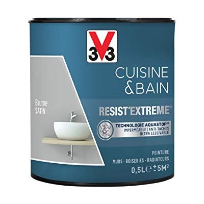V33 Peinture multi-supports monocouche Cuisine & Bain Resist'Extrême® Satin, Brume, 0,5L - Publicité V33 Peinture multi-supports monocouche Cuisine & Bain Resist'Extrême® Satin, Brume, 0,5L - Publicité