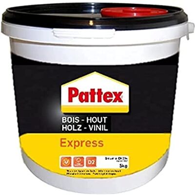 Pattex Bois Express, colle à séchage rapide, vinylique pour montage, assemblage, placage ou contrecollage sur supports en bois, colle blanche, seau de 5 kg - Publicité Pattex Bois Express, colle à séchage rapide, vinylique pour montage, assemblage, placage ou contrecollage sur supports en bois, colle blanche, seau de 5 kg - Publicité