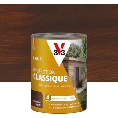 V33 Lasure Bois extérieur Chêne foncé Protection Classique 4 ans Protège du grisaillement Direct bois neufs ou anciens Texture anti-goutte 0,75L - Publicité V33 Lasure Bois extérieur Chêne foncé Protection Classique 4 ans Protège du grisaillement Direct bois neufs ou anciens Texture anti-goutte 0,75L - Publicité