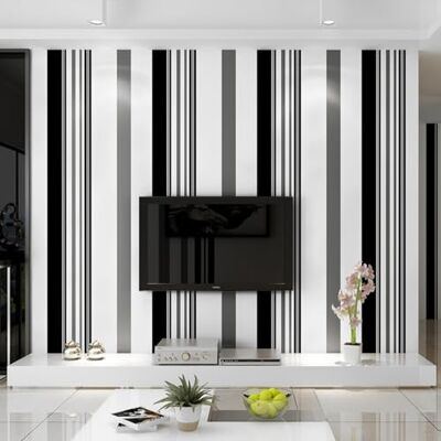 ESSMOKO Papier peint intissé imperméable à rayures noires et blanches pour salon moderne chambre à coucher bureau hôtel papier peint à rayures noir et blanc gris 53 * 950 cm - Publicité ESSMOKO Papier peint intissé imperméable à rayures noires et blanches pour salon moderne chambre à coucher bureau hôtel papier peint à rayures noir et blanc gris 53 * 950 cm - Publicité