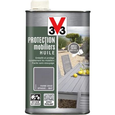 V33 Huile mobilier haute protection opaque, Parme grisée 1L - Publicité V33 Huile mobilier haute protection opaque, Parme grisée 1L - Publicité