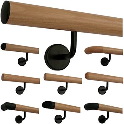 TIBU Main courante en bois de hêtre 30 à 500 cm Support noir Main courante murale Pour escalier Longueur 180 cm Avec 3 extrémités Capuchons noirs légèrement bombés - Publicité TIBU Main courante en bois de hêtre 30 à 500 cm Support noir Main courante murale Pour escalier Longueur 180 cm Avec 3 extrémités Capuchons noirs légèrement bombés - Publicité