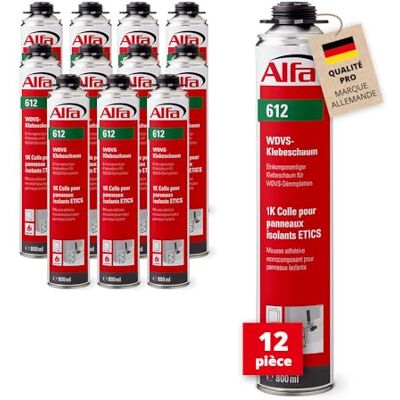 Alfa 612 1K Colle pour panneaux isolants ETICS 12 x 800 ml mousse PU mono composant pour panneaux isolants ETICS - Publicité Alfa 612 1K Colle pour panneaux isolants ETICS 12 x 800 ml mousse PU mono composant pour panneaux isolants ETICS - Publicité