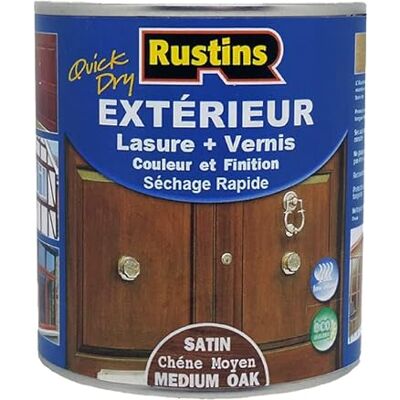 Rustins teinture pour bois extérieur et intérieur en chêne foncé à séchage rapide et finition satinée, plus vernis 500ml 7,5 m² - Publicité Rustins teinture pour bois extérieur et intérieur en chêne foncé à séchage rapide et finition satinée, plus vernis 500ml 7,5 m² - Publicité