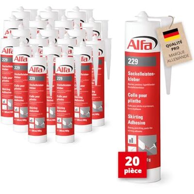 Alfa 229 Colle pour plinthes avec pouvoir fixant de 130 kg/m², lot de 20 tubes, remplit les joints, colle pâteuse et particulièrement fixante - Publicité Alfa 229 Colle pour plinthes avec pouvoir fixant de 130 kg/m², lot de 20 tubes, remplit les joints, colle pâteuse et particulièrement fixante - Publicité