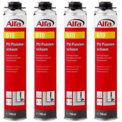 Alfa 610 Mousse expansive polyuréthane (PU) mono-composant pour pistolet, 4 pièces, 750 ml, durcit au contact de l'humidité - Publicité Alfa 610 Mousse expansive polyuréthane (PU) mono-composant pour pistolet, 4 pièces, 750 ml, durcit au contact de l'humidité - Publicité