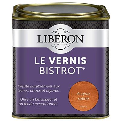 Libéron Vernis bistrot Vernis bois Meubles Boiseries Objets Très haute qualité Anti-taches Anti-chocs et rayures Tendu bon Acajou Satin 0,5L - Publicité Libéron Vernis bistrot Vernis bois Meubles Boiseries Objets Très haute qualité Anti-taches Anti-chocs et rayures Tendu bon Acajou Satin 0,5L - Publicité