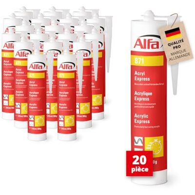 Alfa 871 Mastic Acrylique «Express» blanc, lot de 20, 310 ml, à durcissement particulièrement rapide peut être peint au bout de 10 minutes - Publicité Alfa 871 Mastic Acrylique «Express» blanc, lot de 20, 310 ml, à durcissement particulièrement rapide peut être peint au bout de 10 minutes - Publicité
