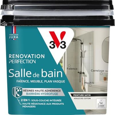 V33 Peinture de rénovation salle de bain, Rénovation perfection Voile de coton satin 750ml - Publicité V33 Peinture de rénovation salle de bain, Rénovation perfection Voile de coton satin 750ml - Publicité