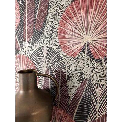 Newroom papier peint intissé jungle palmiers rose chambre salon éventails art déco, effet métallisé brillant, anthracite noir vieux-rose bordeaux, touches dorées, décoration murale bureau - Publicité Newroom papier peint intissé jungle palmiers rose chambre salon éventails art déco, effet métallisé brillant, anthracite noir vieux-rose bordeaux, touches dorées, décoration murale bureau - Publicité