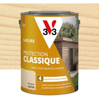V33 Lasure Bois extérieur Incolore Protection Classique 4 ans Protège du grisaillement Direct bois neufs ou anciens Texture anti-goutte 5L - Publicité V33 Lasure Bois extérieur Incolore Protection Classique 4 ans Protège du grisaillement Direct bois neufs ou anciens Texture anti-goutte 5L - Publicité