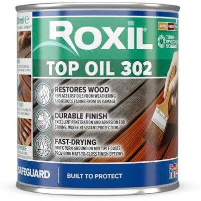 Roxil Huile Haute Protection 302 (500ml, Incolore) Pour Bois Extérieur, Meubles de Jardin, Abris, Terrasses... Protection Hydrofuge Anti-Taches et Finition Mate Naturelle - Publicité Roxil Huile Haute Protection 302 (500ml, Incolore) Pour Bois Extérieur, Meubles de Jardin, Abris, Terrasses... Protection Hydrofuge Anti-Taches et Finition Mate Naturelle - Publicité
