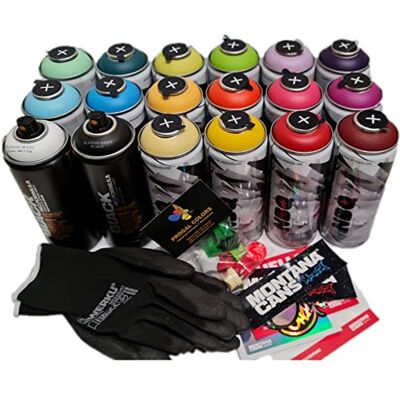 PROGAL COLORS Lot de 18 Bombes de Graffiti (2 x Montana Cans Black Noir et Blanc Mat + 16 x NBQ PRO) avec Autocollants, Gants et 12 Diffuseurs de Rechange Basse Pression, Haute Précision - Publicité PROGAL COLORS Lot de 18 Bombes de Graffiti (2 x Montana Cans Black Noir et Blanc Mat + 16 x NBQ PRO) avec Autocollants, Gants et 12 Diffuseurs de Rechange Basse Pression, Haute Précision - Publicité