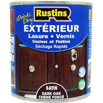 Rustins teinture pour bois extérieur et intérieur en chêne foncé à séchage rapide et finition satinée, plus vernis 500ml 7,5 m² - Publicité Rustins teinture pour bois extérieur et intérieur en chêne foncé à séchage rapide et finition satinée, plus vernis 500ml 7,5 m² - Publicité
